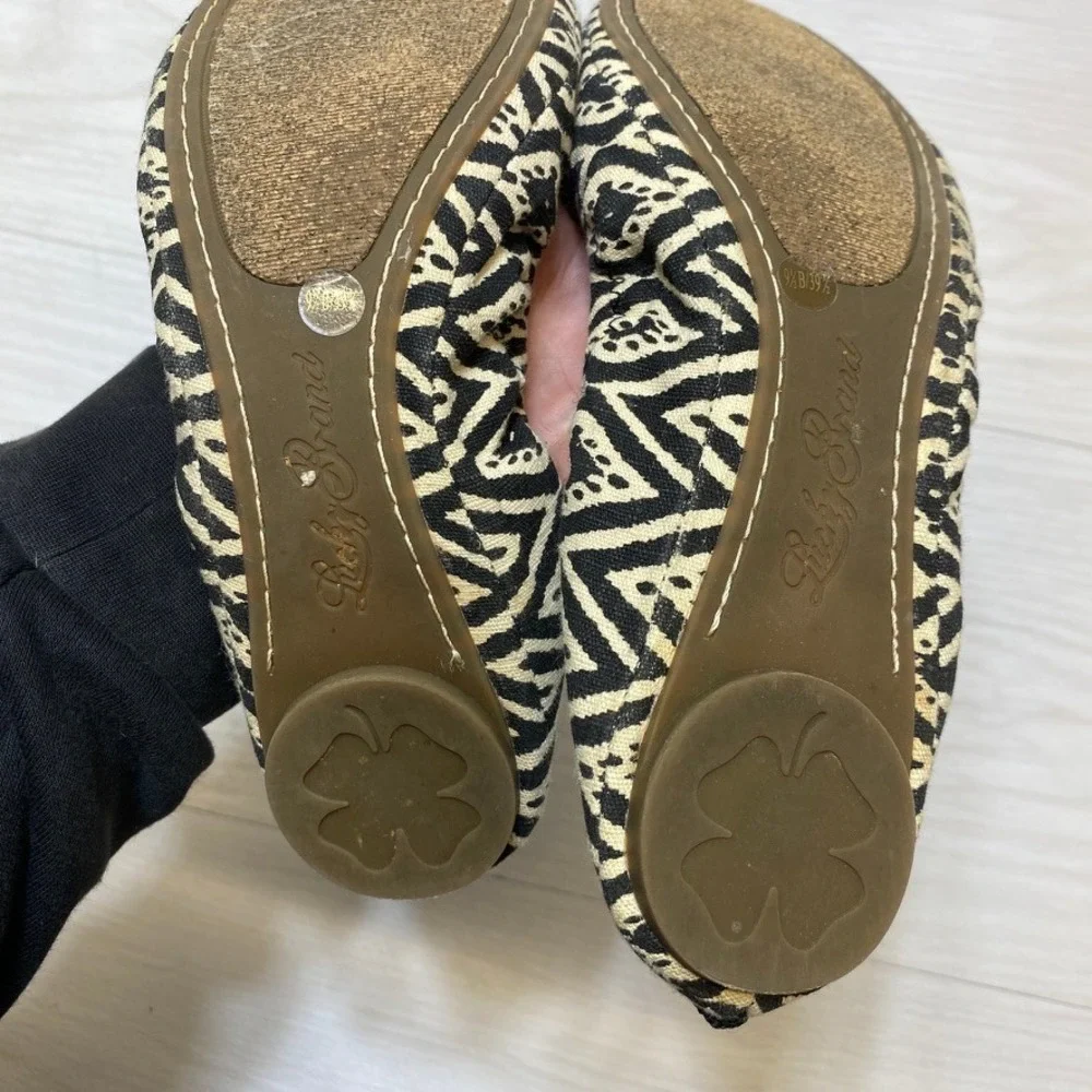 Lucky Brand Womens 9.5 Erin Ballet Flats Ikat Geometric Black‎ Cream Fabric